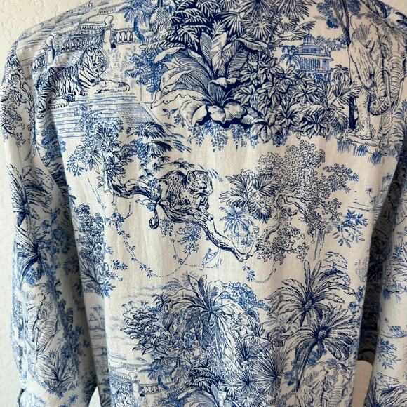 H&M Size 6 Linen Blend Mini Shift Dress Jungle Tigers Blue White Tie Sleeves - Picture 6 of 11